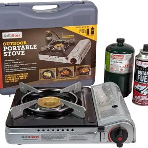 Grill Boss Dual Fuel Portable Stove, Dual Fuel Butane & Propane Stoves, 12K BTU Butane Camp Stove & Propane Portable Camping Stoves for Emergencies, Outdoor BBQ, Cooking, Hikings & Backpacking - 90057